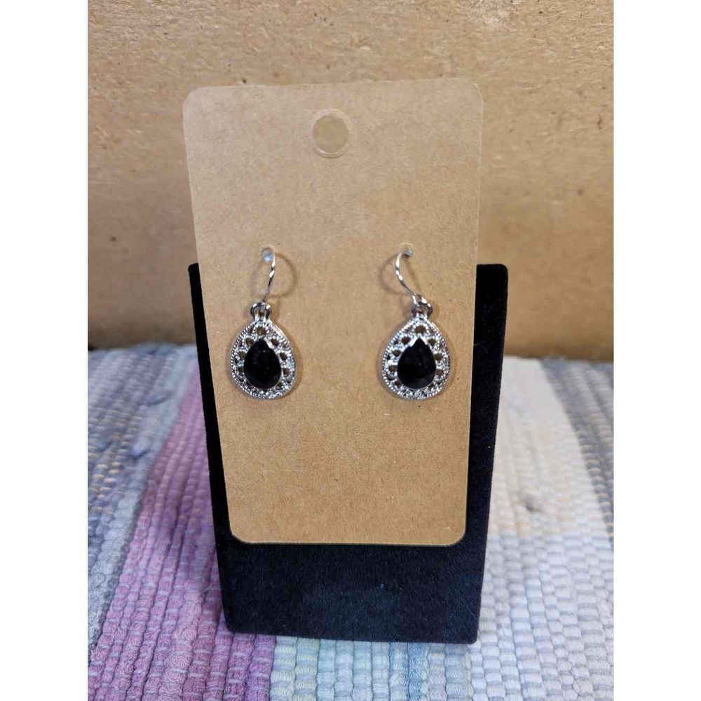 (3 for $15)~JoMa~ Silvertone Teardrop Earrings with Black Accent- NWT